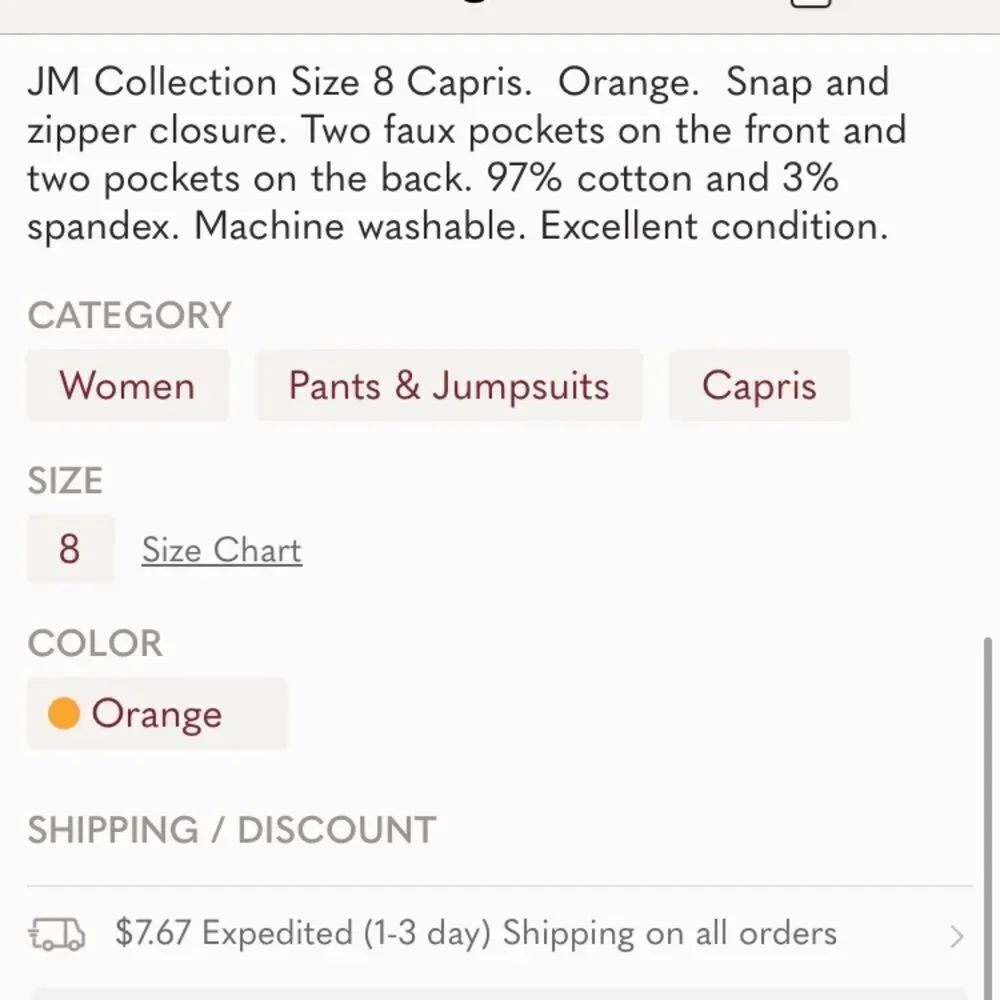 JM Collection Size 8 Capris Orange - Picture 7 of 7